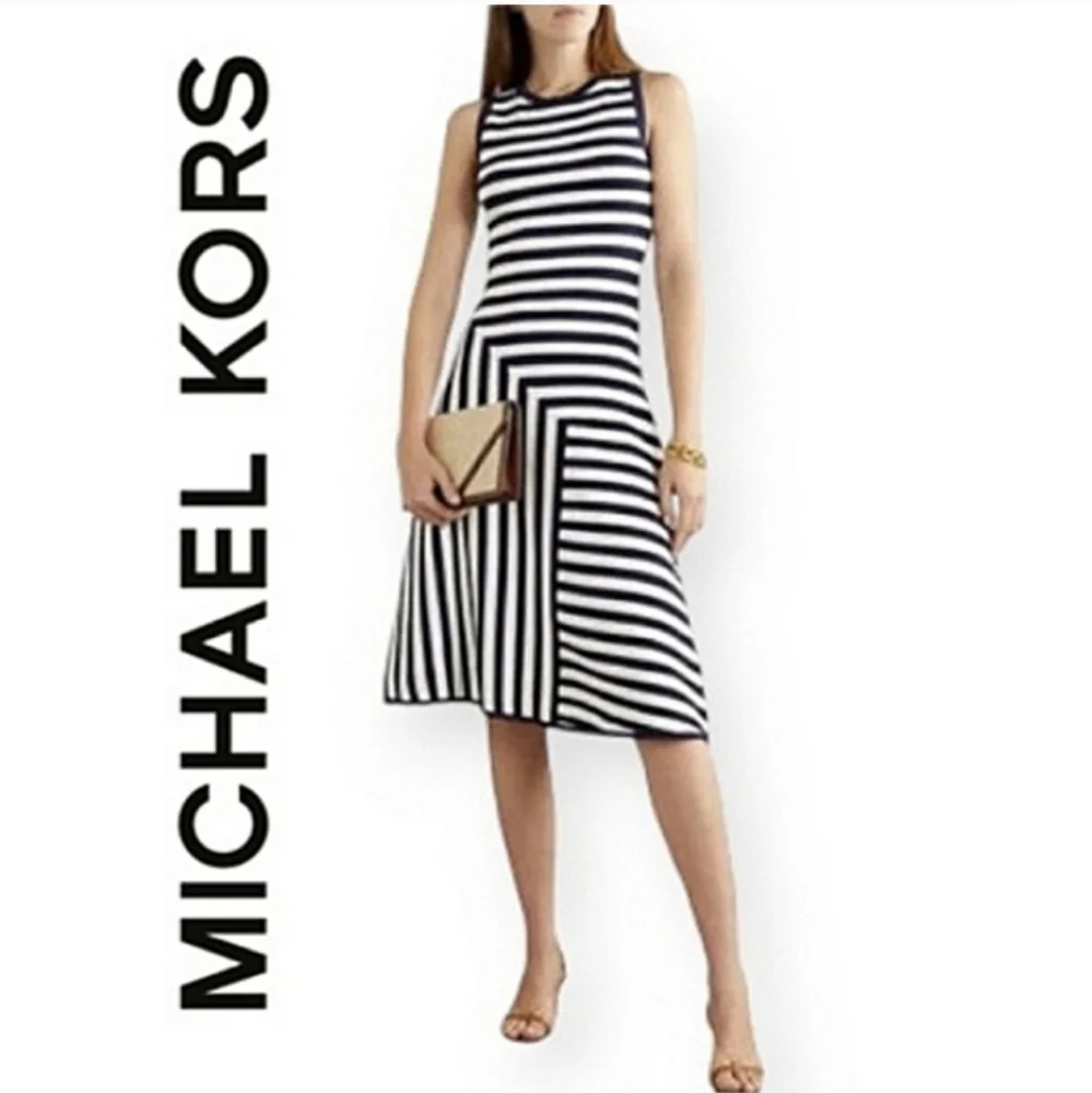 MICHAEL KORS Asymmetrical Stripe Panel Stretch Ribbed Sleeveless Dress NWT - Picture 13 of 13